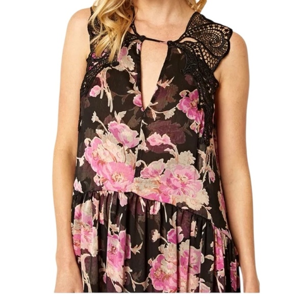 Misa Los Angeles Black and Pink Butterfly Floral Maxi Dress - Picture 1 of 6